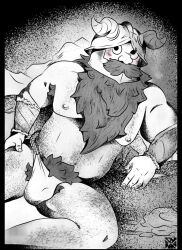 Rule 34 | 1boy, bara, beard, belly, blush, bracer, brown hair, bulge, dungeon meshi, dwarf, dylanpynk art, excessive pubic hair, facial hair, fake horns, feet out of frame, full beard, fundoshi, greyscale, helmet, horned helmet, horns, japanese clothes, large pectorals, long beard, looking to the side, male focus, mature male, monochrome, muscular, muscular male, navel, navel hair, nipples, pectorals, plump, pubic hair, senshi (dungeon meshi), sitting, solo, spot color, spread legs, thick beard, thick mustache, very long beard