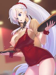 Rule 34 | 1girl, apron, azur lane, beige shirt, belfast (azur lane), belfast (piping-hot perfection) (azur lane), blue eyes, braid, breasts, broken, broken chain, bursting breasts, chain, chain, cleavage cutout, clothing cutout, collar, cowboy shot, food, french braid, hair ornament, hair scrunchie, holding, holding plate, indoors, large breasts, long hair, nipples, open mouth, panties, pantyshot, pizza, plate, ponytail, red apron, red scrunchie, scrunchie, solo, supurai, sweat, underwear, wardrobe malfunction, white hair, white panties, wrist cuffs