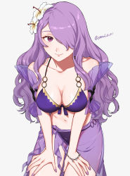 Rule 34 | 1girl, alternate costume, bikini, breasts, camilla (fire emblem), camilla (summer) (fire emblem), cleavage, closed mouth, collarbone, commentary request, fingernails, fire emblem, fire emblem fates, fire emblem heroes, flower, grey background, hair flower, hair ornament, hair over one eye, halterneck, hibiscus, highres, large breasts, long hair, looking at viewer, nail polish, navel, nintendo, o-ring, o-ring bikini, official alternate costume, one eye covered, peach11 01, purple bikini, purple eyes, purple hair, purple nails, sarong, see-through, see-through skirt, simple background, skirt, smile, string bikini, swimsuit, twitter username, wavy hair, wet, white flower