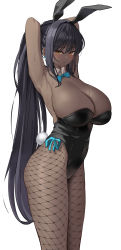 Rule 34 | 1girl, animal ears, armpits, arms behind head, arms up, bad id, bad twitter id, bare shoulders, black hair, black leotard, blue archive, blush, bow, bowtie, breasts, cleavage, curvy, dark-skinned female, dark-skinned male, dark skin, detached collar, fake animal ears, fishnet pantyhose, fishnets, gloves, highleg, highleg leotard, highres, k pring, karin (blue archive), karin (bunny) (blue archive), large breasts, leotard, long hair, looking at viewer, official alternate costume, pantyhose, playboy bunny, ponytail, rabbit ears, sidelocks, thighs, traditional bowtie, very long hair, white background, white gloves, wide hips, yellow eyes