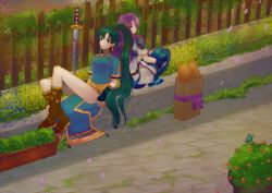 Rule 34 | 2girls, animal, back-to-back, bread, bug, butterfly, fire emblem, fire emblem: the blazing blade, florina (fire emblem), food, garden, green hair, insect, long hair, looking at viewer, lyn (fire emblem), multiple girls, nintendo, outdoors, plant, purple hair, sitting, smile, sword, thighhighs, very long hair, weapon
