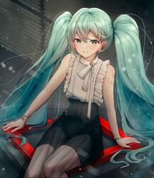 Rule 34 | 1girl, :d, absurdres, aqua eyes, aqua hair, arm tattoo, arms at sides, bare arms, bare shoulders, black skirt, bracelet, deog3, earphones, frilled shirt, frills, gold bracelet, grin, hair between eyes, hair ornament, hairclip, hatsune miku, hatsune miku (nt), high-waist skirt, highres, jewelry, light blush, long hair, looking at viewer, number tattoo, open mouth, scarf, see-through, see-through skirt, shirt, sitting, skirt, sleeveless, sleeveless shirt, smile, solo, tattoo, twintails, very long hair, vocaloid, white shirt, window blinds