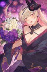 Rule 34 | 1girl, :d, absurdres, black kimono, blonde hair, blunt bangs, blush, bouquet, commentary, earrings, english commentary, flower, fox, fox mask, highres, holding, holding bouquet, japanese clothes, jewelry, kimono, long hair, long sleeves, low neckline, makurano neena, mashuu (neko no oyashiro), mask, mask on head, mole, mole under mouth, multicolored hair, official art, open mouth, pink eyes, pink hair, production kawaii, second-party source, single earring, smile, solo, tassel, tassel earrings, virtual youtuber, wide sleeves