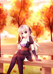 Rule 34 | 1girl, bench, highres, long hair, looking at viewer, original, park bench, red eyes, sitting, smile, solo, thighhighs, violetsang, white hair