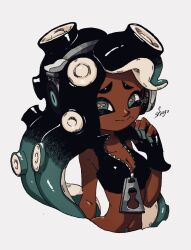 Rule 34 | 1girl, bare arms, breasts, cephalopod eyes, cleavage, collarbone, collared shirt, eyeliner, fingerless gloves, gloves, green eyes, hand up, headphones, highres, looking at viewer, makeup, marina (splatoon), medium breasts, midriff, mole, navel piercing, nintendo, octoling, partially unzipped, piercing, shirt, shogo (shogo70449442), signature, solo, splatoon (series), splatoon 2, tentacle hair, white background