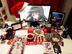 Rule 34 | 1girl, 2d dating, akemi homura, bead, benq, black dress, black hair, black hairband, bowl, box, breasts, candle, chocolate, christmas, commentary, detached collar, dress, expressionless, figure, fire, fire, food, framed image, from side, fruit, funeral dress, hairband, hat, highres, jewelry box, laurel crown, long hair, looking to the side, mahou shoujo madoka magica, manga (object), monitor, multiple views, nendoroid, photo (medium), pixel art, placemat, purple eyes, raspberry, red sash, santa claus, santa hat, sash, shelf, sideless outfit, small breasts, soul gem, sprite, strapless, strapless dress, traditional media, white dress, wings