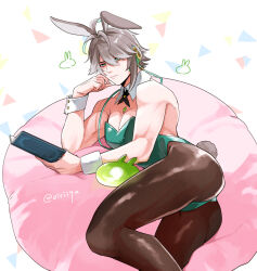 Rule 34 | 1boy, alhaitham (genshin impact), alternate costume, animal ears, antenna hair, aqua eyes, aqua hair, asymmetrical sidelocks, bean bag chair, black neckerchief, black pantyhose, book, cable, chest jewel, crossdressing, cuff links, detached collar, from above, gem, genshin impact, green gemstone, green leotard, grey hair, hand on own face, head rest, headphones, holding, holding book, leotard, looking at object, lying, male focus, male playboy bunny, multicolored eyes, multicolored hair, muscular, muscular male, neckerchief, oisiiyu, pantyhose, pectoral cleavage, pectorals, rabbit, rabbit boy, rabbit ears, rabbit tail, reading, seelie (genshin impact), short hair, sidelocks, signature, solo, strapless, strapless leotard, tail, thick thighs, thighs, twitter username, wrist cuffs