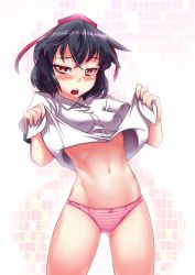 Rule 34 | 1girl, bad id, bad pixiv id, black hair, blush, clothes lift, colored eyelashes, dress shirt, female focus, hat, highres, impossible clothes, impossible shirt, looking at viewer, midriff, navel, no pants, open mouth, panties, pink panties, red eyes, shameimaru aya, shirt, shirt lift, short hair, simple background, solo, striped clothes, striped panties, taketora suzume, thighs, tokin hat, touhou, underwear