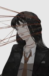 Rule 34 | 1girl, absurdres, black hair, black jacket, brown eyes, collared shirt, cyclo, grey background, highres, jacket, long hair, necktie, original, red necktie, shirt, simple background, solo, string, tuoer, upper body, white shirt