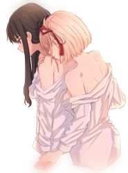 Rule 34 | 2girls, bare shoulders, black hair, blonde hair, blush, bob cut, breasts, closed mouth, commentary request, cropped torso, dress shirt, from behind, futaba (rei-futaba), hair ribbon, hand on own shoulder, highres, holding hands, hug, hug from behind, inoue takina, long hair, long sleeves, lycoris recoil, medium breasts, multiple girls, nishikigi chisato, off shoulder, one side up, parted lips, partially undressed, puffy sleeves, purple eyes, red ribbon, ribbon, scar, scar on back, scar on shoulders, shirt, short hair, sideboob, sidelocks, simple background, undressing, white background, white shirt, yuri