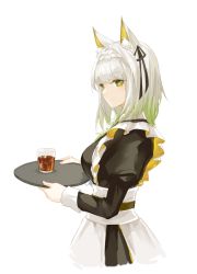 Rule 34 | 1girl, alcohol, animal ear fluff, animal ears, apron, arknights, black dress, black ribbon, closed mouth, commentary, cowboy shot, cropped torso, dress, english commentary, from side, glass, gradient hair, green eyes, green hair, hair ribbon, holding, holding tray, juliet sleeves, kal&#039;tsit (arknights), long sleeves, looking at viewer, looking to the side, maid, maid apron, maid headdress, medium hair, multicolored hair, nejikyuu, puffy sleeves, ribbon, simple background, smile, solo, tray, white background, white hair