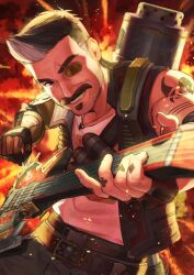 Rule 34 | 1boy, absurdres, apex legends, arm tattoo, belt, black eyes, black gloves, bossan 3310, brown belt, brown gloves, explosion, eyepatch, facial hair, fingerless gloves, fuse (apex legends), gloves, grey pants, hair behind ear, highres, instrument, jewelry, looking to the side, male focus, mechanical arms, multicolored hair, music, mustache, necklace, one eye covered, pants, playing instrument, razor&#039;s edge (apex legends), scar, scar across eye, shirt, single fingerless glove, single mechanical arm, skull and crossbones, smile, solo, soul patch, streaked hair, tattoo, upper body, white shirt