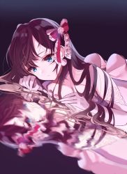 Rule 34 | 1girl, black background, blue eyes, bow, breasts, brown hair, cleavage, dress, gradient background, hair between eyes, hair bow, highres, ichinose shiki, idolmaster, idolmaster cinderella girls, long hair, lying, misumi (macaroni), on stomach, pink bow, pink dress, purple background, red bow, reflection, solo, tearing up, tears, very long hair