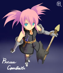 Rule 34 | 00s, 1girl, axe, belt, boots, character name, elbow gloves, gloves, green eyes, highres, knee boots, knife, pink hair, presea combatir, solo, tales of (series), tales of symphonia, twintails, weapon
