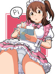 Rule 34 | 1girl, apron, bow, bowtie, breasts, brown eyes, brown hair, collared shirt, commentary request, cowboy shot, crotch seam, dress, frilled dress, frills, from below, hair ornament, hairclip, holding, idolmaster, idolmaster million live!, kasuga mirai, lielos, looking at viewer, maid headdress, medium breasts, medium hair, one side up, open mouth, panties, pantyshot, partial commentary, pinafore dress, pink bow, pink bowtie, pink dress, puffy short sleeves, puffy sleeves, shirt, short dress, short sleeves, sleeveless, sleeveless dress, solo, standing, thick outlines, underwear, upskirt, waist apron, white apron, white panties, white shirt, wrist cuffs