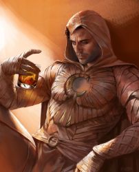 Rule 34 | 1boy, absurdres, artist name, bandaged hand, bandages, black hair, bodysuit, cape, closed mouth, cup, facial hair, highres, holding, holding cup, hood, hood up, hooded cape, male focus, mamba, marvel, marvel cinematic universe, moon knight, moon knight (disney+), realistic, short hair, solo, superhero costume, white bodysuit, white cape