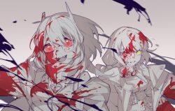 Rule 34 | 2girls, :d, blood, blood in hair, blood on clothes, blood on face, blood splatter, breasts, fangs, girls&#039; frontline, heterochromia, highres, jacket, long hair, m4 sopmod ii (girls&#039; frontline), m4 sopmod ii (mod3) (girls&#039; frontline), mask, mask around neck, medium breasts, mod3 (girls&#039; frontline), monochrome, multiple girls, open clothes, open jacket, open mouth, red eyes, respirator, ro635 (girls&#039; frontline), ro635 (mod3) (girls&#039; frontline), smile, spot color, taiyang ami, upper body, yellow eyes