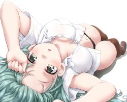 Rule 34 | 1girl, :o, black panties, blush, breasts, brown thighhighs, cleavage, collarbone, dd (ijigendd), foreshortening, green eyes, green hair, kantai collection, large breasts, long hair, looking at viewer, lying, navel, no bra, no pants, no shoes, on back, open mouth, panties, shirt, short sleeves, simple background, solo, suzuya (kancolle), thighhighs, underwear, white background, white shirt
