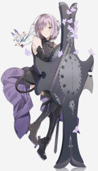 Rule 34 | 1girl, absurdres, ankle boots, armored boots, bare shoulders, black footwear, black thighhighs, boots, breasts, bug, butterfly, cleavage, creature, crying, elbow gloves, fate/grand order, fate (series), fluffy, fou (fate), full body, gloves, hair over one eye, high heel boots, high heels, highres, huge filesize, insect, looking at viewer, mash kyrielight, medium breasts, purple eyes, purple hair, sheath, shield, short hair, sidelocks, simple background, smile, standing, tail, tears, thighhighs, white background, yurumawari