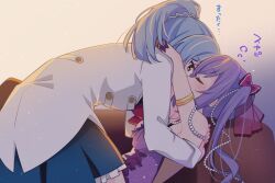 Rule 34 | 2girls, arm around neck, arm up, armlet, assault lily, bare shoulders, blue hair, blue skirt, blunt ends, blush, bow, bowtie, breasts, carrying, carrying person, closed eyes, commentary request, couch, covered mouth, cowboy shot, dress, face-to-face, facing another, frilled skirt, frills, from side, gloves, gradient background, grey background, hair bow, hair ornament, hands on another&#039;s back, herensuge girls academy school uniform, high ponytail, leaning forward, light particles, long sleeves, looking at another, lying, makino mitake, matsumura fuuka, medium breasts, miniskirt, morugen, multiple girls, official alternate costume, on back, on couch, orange background, pearl hair ornament, pink bow, ponytail, profile, purple dress, purple gloves, purple hair, red bow, red bowtie, school uniform, see-through, short hair, sideless dress, skirt, sleeping, sleeveless, sleeveless dress, squeans, standing, twintails, two-tone background, yellow eyes, yuri