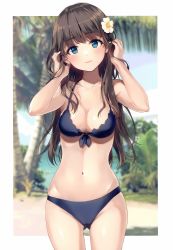 Rule 34 | 1girl, absurdres, beach, bikini, black bikini, blue eyes, blurry, blurry background, border, breasts, brown hair, cameltoe, cleavage, collarbone, cowboy shot, day, flower, gluteal fold, hair flower, hair ornament, hand in own hair, highres, lips, long hair, looking at viewer, medium breasts, navel, non-web source, original, outdoors, palm tree, sidelocks, smile, solo, standing, swimsuit, thigh gap, thighs, tree, unasaka ryou