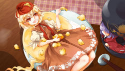 Rule 34 | 2girls, animal, animal on head, anri (38249593), bird, bird on head, bird tail, bird wings, blonde hair, blush, bowl, brown dress, chick, chopstick rest, chopsticks, commentary request, dress, feathered wings, feet out of frame, hair between eyes, highres, in bowl, in container, japanese clothes, kimono, long sleeves, looking at viewer, multicolored hair, multiple girls, neckerchief, niwatari kutaka, on head, open mouth, puffy short sleeves, puffy sleeves, purple hair, red eyes, red hair, red kimono, red neckerchief, shirt, short hair, short sleeves, sukuna shinmyoumaru, tail, touhou, two-tone hair, white shirt, wide sleeves, wings
