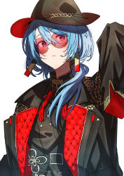 Rule 34 | 1girl, absurdres, belt, belt buckle, black belt, black coat, black hat, black shirt, blue hair, buckle, closed mouth, coat, collared shirt, commentary request, cruzango0510, double-parted bangs, earrings, expressionless, fedora, glasses, gold trim, hair between eyes, hand up, hat, hat ornament, high collar, highres, hololive, hoshimachi suisei, hoshimachi suisei (8th costume), hoshimachi suisei (oriental suit), jewelry, long sleeves, looking at viewer, neck tassel, official alternate costume, open clothes, open coat, ponytail, purple eyes, red-tinted eyewear, red tassel, round eyewear, shirt, short hair, sidelocks, simple background, sleeves past fingers, sleeves past wrists, solo, star (symbol), star hat ornament, tassel, tinted eyewear, upper body, virtual youtuber, white background
