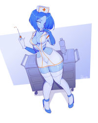 Rule 34 | 1girl, android, artist name, blue eyes, blue hair, bottle, breasts, cleavage, doll joints, fullmontis, hat, high heels, highres, holding, holding needle, humanoid robot, joints, medium breasts, needle, nurse, nurse cap, original, parted lips, robot, robot girl, robot joints, scalpel, thighhighs, tilted head, trolley, two-tone background