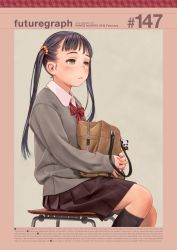 Rule 34 | 10s, 1girl, 2016, :/, artist name, bag, black hair, black socks, blue eyes, blush, bow, bowtie, brown skirt, closed mouth, collared shirt, dated, english text, highres, kneehighs, murata range, original, own hands together, pleated skirt, red bow, red bowtie, school bag, school uniform, shirt, sitting, skirt, sleeves past wrists, socks, solo, striped bow, striped bowtie, striped clothes, striped neckwear, sweater, twintails, watermark, web address, wing collar