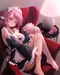Rule 34 | 1girl, absurdres, apron, armchair, barefoot, beak hold, bird, black dress, black sleeves, breasts, chair, commentary, detached sleeves, dress, english commentary, feet, fingernails, flamingo, flower, frilled dress, frilled sleeves, frills, hair ribbon, head tilt, highres, indoors, knees together feet apart, knees up, lamp, lampshade, large breasts, light blush, looking at viewer, maid headdress, mouth hold, nail polish, neck ribbon, original, parted lips, pink eyes, pink flower, pink hair, pink nails, pink rose, ribbon, rose, rwael, short hair, sitting, strappy heels, teeth, toenail polish, toenails, toes, undone neck ribbon, white apron