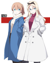 Rule 34 | 2girls, black hairband, blonde hair, blue coat, blue eyes, brown hair, character name, coat, cowboy shot, hairband, hands in pockets, intrepid (kancolle), kantai collection, long hair, long sleeves, multiple girls, nelson (kancolle), official alternate costume, open mouth, ponytail, shigino sohuzi, short hair, smile, sweater, white coat, white sweater