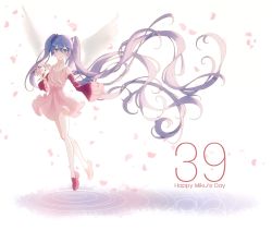 Rule 34 | 1girl, 39, absurdly long hair, aqua eyes, bad id, bad pixiv id, blue hair, collar, collared dress, commentary, daisy, detached sleeves, dress, feathered wings, flower, hair ornament, hatsune miku, highres, holding, holding flower, long hair, looking at viewer, mary janes, neckerchief, number pun, osage (8545675), petals, pink dress, pink sleeves, ripples, sash, shoes, solo, thighhighs, twintails, very long hair, vocaloid, white background, white collar, wide shot, wide sleeves, wings