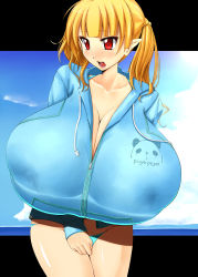 Rule 34 | 1girl, blonde hair, blush, breasts, cleavage, collarbone, female focus, gigantic breasts, highres, hiiaru, lactation, lactation through clothes, open mouth, pointy ears, red eyes, saliva, twintails