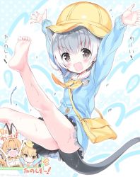 Rule 34 | &gt; &lt;, 10s, 3girls, animal ears, arms up, ass, bag, barefoot, black skirt, blonde hair, blue shirt, brown eyes, commentary request, closed eyes, ezo red fox (kemono friends), fox ears, grey eyes, hat, kemono friends, kneepits, legs, legs up, miniskirt, multiple girls, open mouth, otter ears, otter tail, serval (kemono friends), shirt, short hair, silver hair, skirt, small-clawed otter (kemono friends), smile, soles, splashing, tail, takahashi tetsuya, toes, translation request, v-shaped eyebrows, water, wet