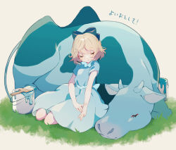 Rule 34 | 1girl, animal, blonde hair, blue bow, blue dress, bow, closed mouth, commentary, cow, dress, eyelashes, mother (game), mother 2, nintendo, paint can, paintbrush, paula (mother 2), shifumame, short hair, short sleeves, sleeping, sleeping upright, smile, solo, translation request, trim brush, waist bow