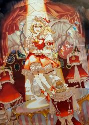 Rule 34 | 1girl, absurdres, ascot, blonde hair, brown eyes, cake, crystal, dated, fang, flandre scarlet, food, fork, frilled shirt collar, frilled skirt, frilled sleeves, frills, fruit, full body, hair between eyes, hat, highres, holding, holding fork, holding plate, indoors, laspberry., mannequin, marker (medium), medium hair, mob cap, multicolored wings, open mouth, plate, puffy short sleeves, puffy sleeves, red footwear, red skirt, red vest, shirt, short sleeves, skin fang, skirt, skirt set, solo, stage, stage curtains, stage lights, strawberry, strawberry shortcake, touhou, traditional media, vest, white background, white shirt, wings, wrist cuffs, yellow ascot