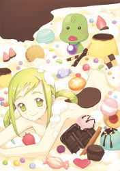Rule 34 | 1girl, asuka momoko, bad id, bad pixiv id, blush, cake, candy, checkerboard cookie, chocolate, chocolate bar, cookie, cupcake, food, fruit, green eyes, green hair, hair rings, ice cream, icing, in food, jelly bean, konpeitou, macaron, majo rika, majorika, moai (aoh), nude, ojamajo doremi, pastry, pocky, pudding, smile, strawberry, sweets, thumbprint cookie, wafer stick, wrapped candy
