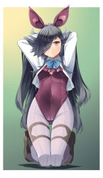 Rule 34 | 1girl, absurdres, adapted costume, alto-00, aqua bow, aqua bowtie, arms behind head, black hair, blush, boots, border, bow, bowtie, breasts, gluteal fold, gradient background, green background, grey pantyhose, hair over one eye, hair ribbon, hayashimo (kancolle), highres, hime cut, kantai collection, kneeling, leotard, long hair, long sleeves, pantyhose, pink leotard, playboy bunny, ribbon, shirt, small breasts, solo, very long hair, white border, white ribbon