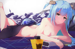 Rule 34 | 1girl, azur lane, blue hair, bottle, hair ornament, highres, legs up, looking at viewer, lying, neptune (azur lane), nude, short twintails, smile, solo, ten0309ten, towel, twintails, two side up, yellow eyes