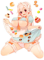 Rule 34 | 1girl, apron, apron lift, bad id, bad pixiv id, between breasts, bikini, bikini top only, blush, breasts, candy, candy wrapper, checkerboard cookie, cleavage, clothes lift, cookie, cupcake, doughnut, food, large breasts, long hair, looking at viewer, macaron, narihito, navel, nitroplus, open mouth, panties, pink hair, pudding, red eyes, skirt, smile, solo, striped clothes, striped panties, super sonico, swimsuit, thighhighs, underwear