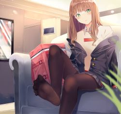 Rule 34 | 1girl, blush, brown hair, couch, feet, green eyes, gridman universe, long hair, looking at viewer, minami yume, pantyhose, sitting, soles, ssss.dynazenon, toes