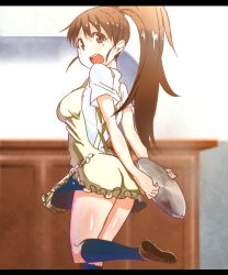 Rule 34 | 1girl, :d, amano don, apron, arms behind back, bad id, bad pixiv id, brown eyes, brown hair, from behind, letterboxed, long hair, looking back, open mouth, ponytail, smile, solo, standing, standing on one leg, taneshima popura, tray, waitress, working!!