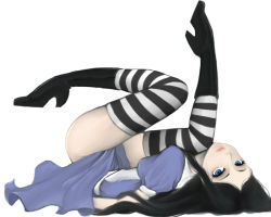Rule 34 | 1girl, alice: madness returns, alice (alice in wonderland), alice liddell (american mcgee&#039;s alice), american mcgee&#039;s alice, american mcgee's alice, apron, black hair, blue eyes, boots, brinosi, dress, high heel boots, high heels, leg up, lips, long hair, looking at viewer, pantyhose, solo, striped clothes, striped pantyhose, striped thighhighs, thighhighs, thighs, upside-down