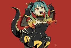 Rule 34 | 1girl, arms up, black gloves, breasts, brooch, cleavage, collar, cowboy shot, dress, facial mark, fangs, gloves, gradient hair, hassan (sink916), hatsune miku, horns, jewelry, lizard tail, long hair, long tongue, looking at viewer, multicolored hair, navel, open mouth, orange eyes, pantyhose, pendant, project sekai, red background, salamander (vocaloid), signature, simple background, small breasts, solo, standing, strapless, strapless dress, tail, teeth, tongue, tongue out, twintails, vocaloid