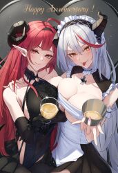 Rule 34 | 2girls, aegir (azur lane), aegir (iron blood&#039;s dragon maid) (azur lane), arm garter, azur lane, bare shoulders, black dress, black headband, black horns, blush, breast press, breasts, center cross lace, cleavage, clothing cutout, covered navel, curled horns, demon horns, dress, elbow gloves, frilled bandeau, frilled hairband, frills, gloves, hair on horn, hairband, headband, highres, hindenburg (azur lane), horns, large breasts, looking at viewer, maid headdress, multicolored hair, multiple girls, official alternate costume, pointy ears, ropi (yyuichi29), see-through, smile, streaked hair, thighhighs, tongue, tongue out, underboob, white thighhighs