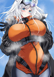 Rule 34 | 1girl, absurdres, animal ears, arknights, aurora (arknights), aurora (polar catcher) (arknights), bear ears, black coat, black gloves, blue background, blue eyes, blush, bodysuit, breasts, closed mouth, coat, collar, cowboy shot, gloves, goggles, goggles on head, grey hair, highres, huge breasts, impossible bodysuit, impossible clothes, kokihanada, long hair, looking at viewer, multiple girls, official alternate costume, open clothes, open coat, orange bodysuit, simple background, solo, swept bangs, underbust, undressing, very long hair