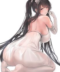 Rule 34 | 1girl, absurdres, ass, azur lane, black hair, blush, breasts, dress, elbow gloves, from behind, gloves, hair ornament, highres, kneeling, large breasts, liaowen, long hair, looking at viewer, looking back, no shoes, official alternate costume, panties, parted lips, peter strasser (azur lane), peter strasser (a moment frozen in pure white) (azur lane), red eyes, see-through, see-through dress, solo, spaghetti strap, thighhighs, twintails, underwear, very long hair, white panties, white thighhighs