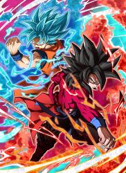 Rule 34 | 2boys, absurdres, aura, black hair, blue eyes, blue hair, commentary request, dougi, dragon ball, dragon ball heroes, dual persona, frown, highres, liedein, male focus, multiple boys, muscular, muscular male, open mouth, red fur, serious, son goku, son goku (xeno), super saiyan, super saiyan 4, super saiyan blue, yellow eyes