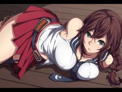 Rule 34 | 10s, 1girl, arms behind back, bare shoulders, bdsm, blush, bondage, bound, braid, breast press, breasts, brown hair, cleavage, crossed bangs, curvy, green eyes, highres, impossible clothes, kantai collection, large breasts, letterboxed, long hair, looking at viewer, lying, miniskirt, nagioka, navel, noshiro (kancolle), on side, open mouth, red skirt, single braid, skirt, solo, striped, striped background, wide hips