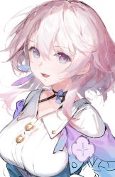 Rule 34 | 1girl, absurdres, breasts, buttons, collared shirt, commentary, hair between eyes, highres, honkai: star rail, honkai (series), jacket, large breasts, looking at viewer, march 7th (honkai: star rail), nag nag naji, open mouth, pink eyes, pink hair, purple jacket, shirt, short hair, simple background, sketch, smile, solo, symbol-only commentary, underbust, upper body, white background, white shirt